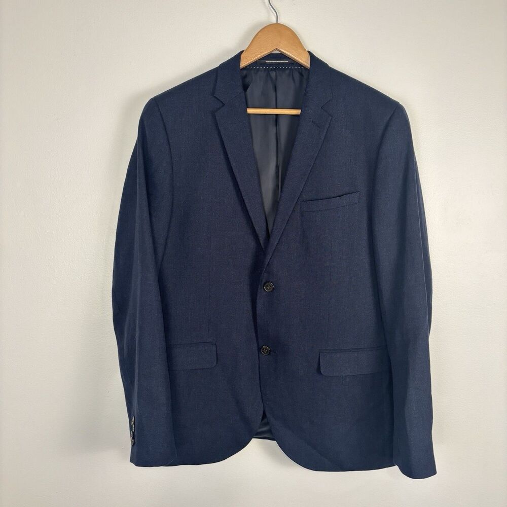 H&M Men's 44R Navy Blue Blazer Suit Jacket Sport Coat Wool Linen Blend